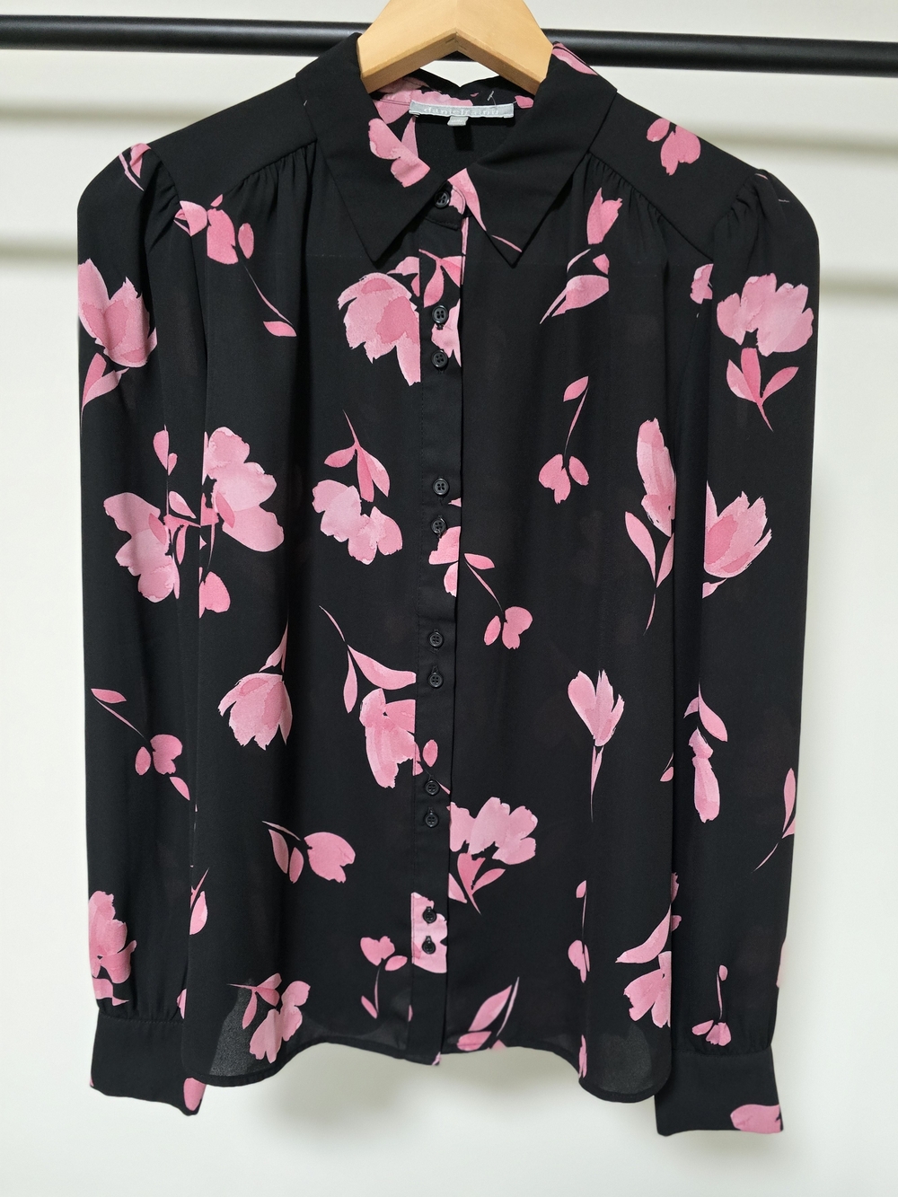 Daniel Rainn Black Button-Front Blouse with Pink Floral Print